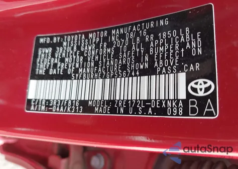 2016 Toyota Corolla Le из США, поврежденный, VIN 5YFBURHE7GP556744